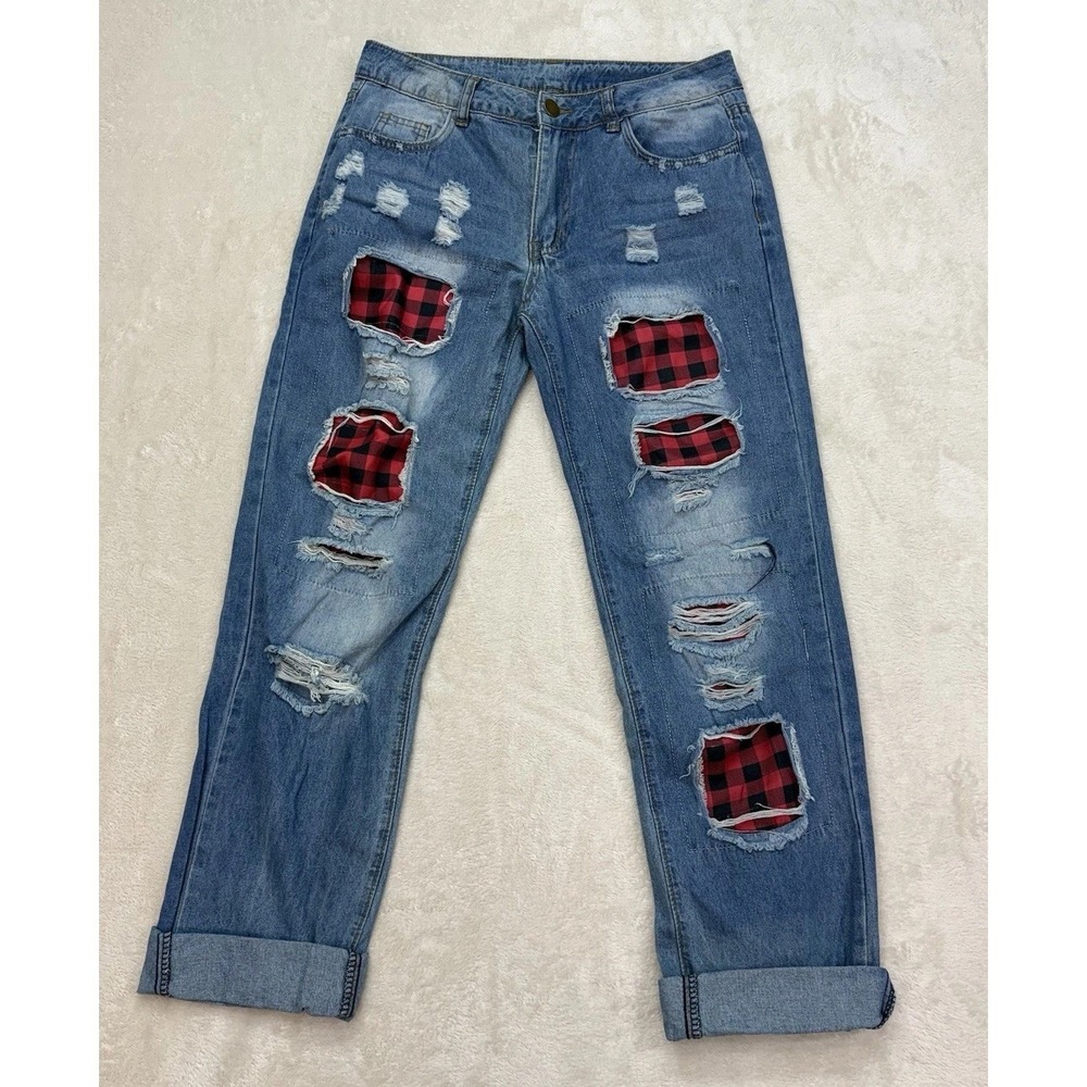 Distressed Patchwork Jeans Womens Medium Red Plai… - image 1